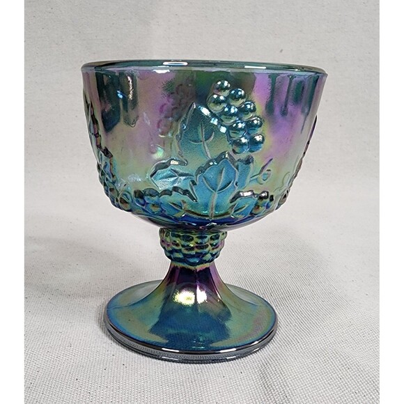 Vintage Indiana Glass Harvest Grape Blue Carnival Glass Creamer Sugar & Tray Set - Picture 9 of 16